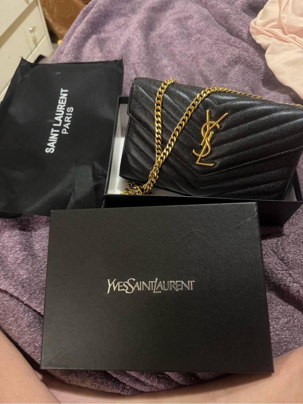 Saint Laurent Black Quilted Leather Chain Wallet with Gold YSL